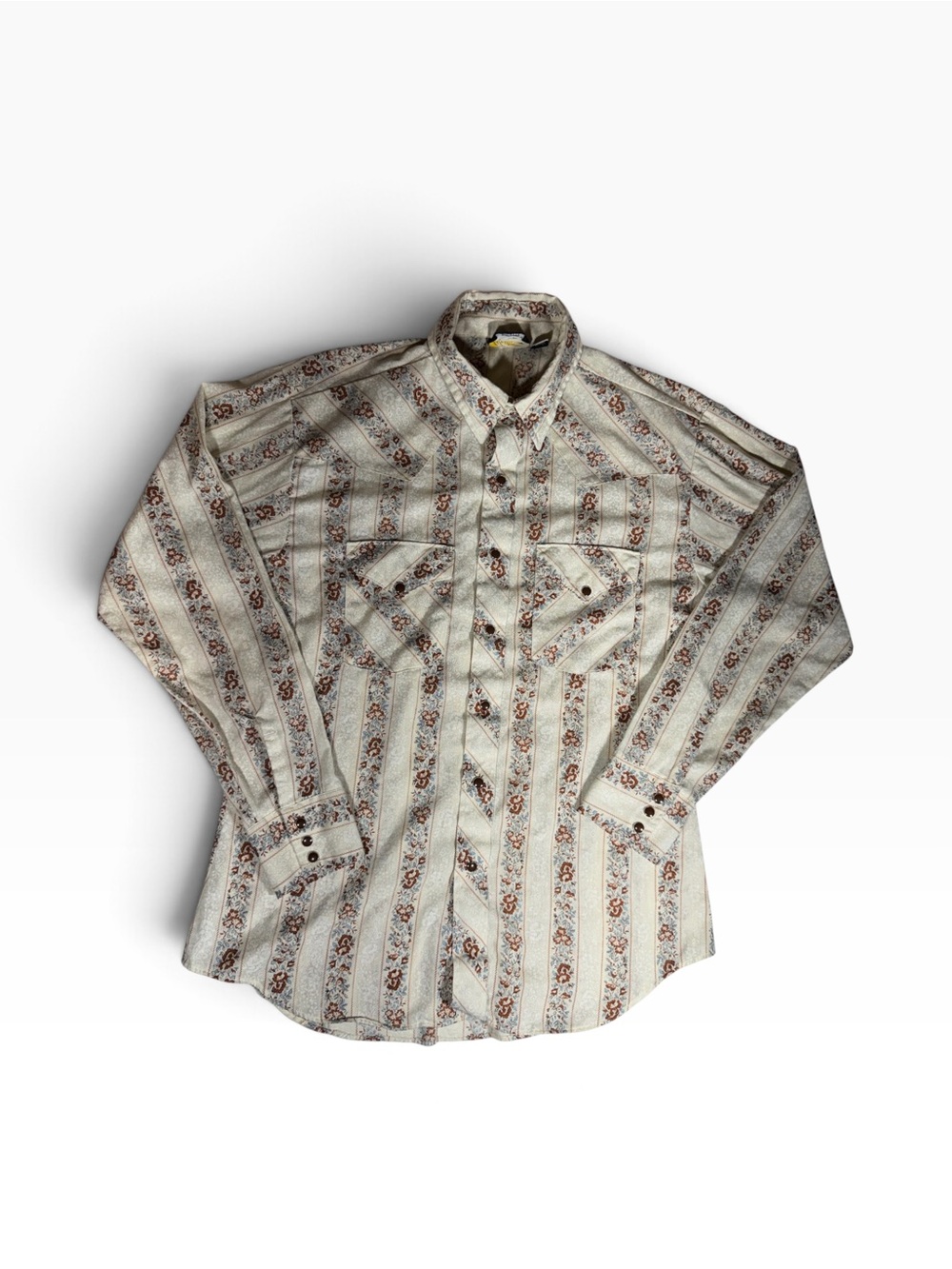1970s Women's Cream Button-Down Shirt with Subtle Floral Stripe